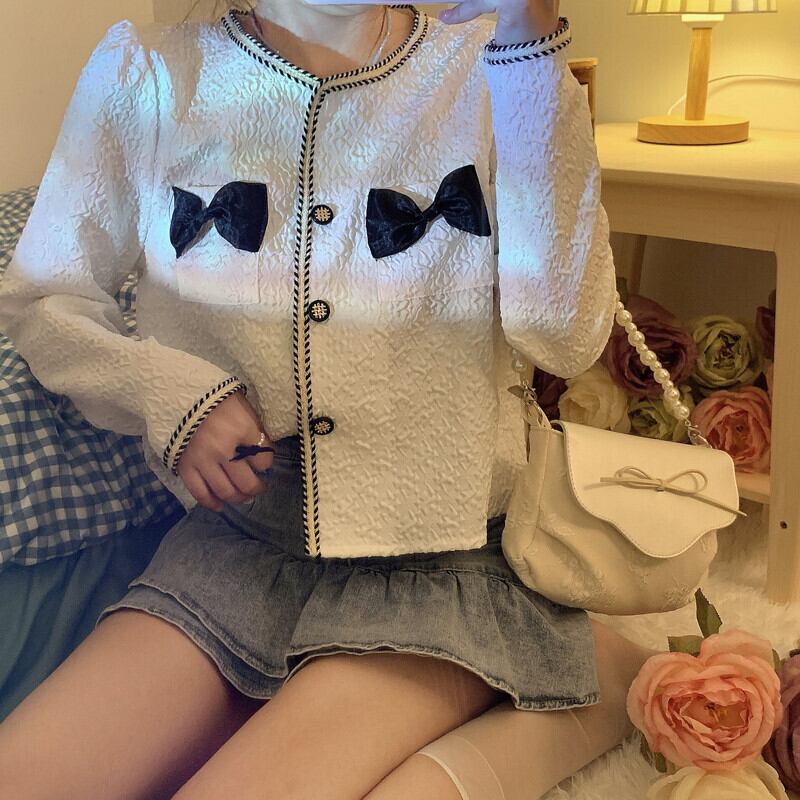 リボンスタンダードショートジャケット オータムルーズカーディガンスタイル レトロ 大人ガーリー スウィート キュート カジュアル 秋物 ガールズファッション41335447689