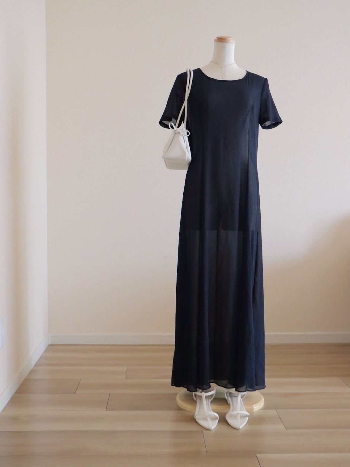 ●90s made in ITALY dark navy color sheer short sleeve long dress