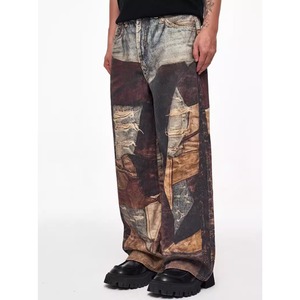 【DRIP5694】D/B Damaged Patch Digital Print Denim