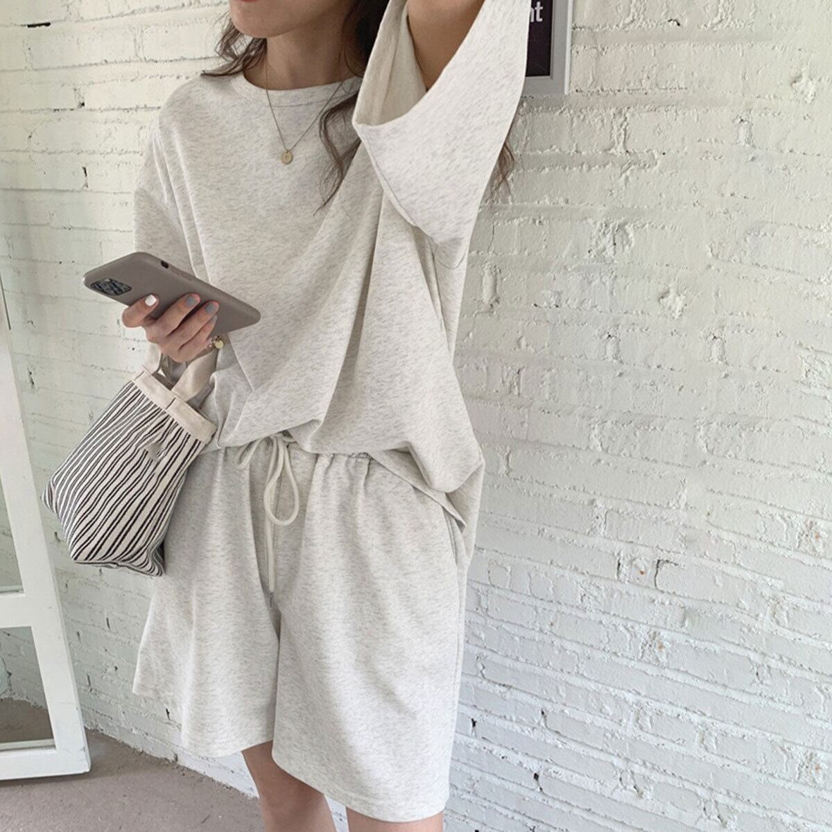 スウェット セットアップ レディース 韓国 上下セット 半袖 ショートパンツ ルームウェア 部屋着 シンプル 大人 カジュアル リラックス ゆったり 夏服 夏 大人可愛い 大人女子