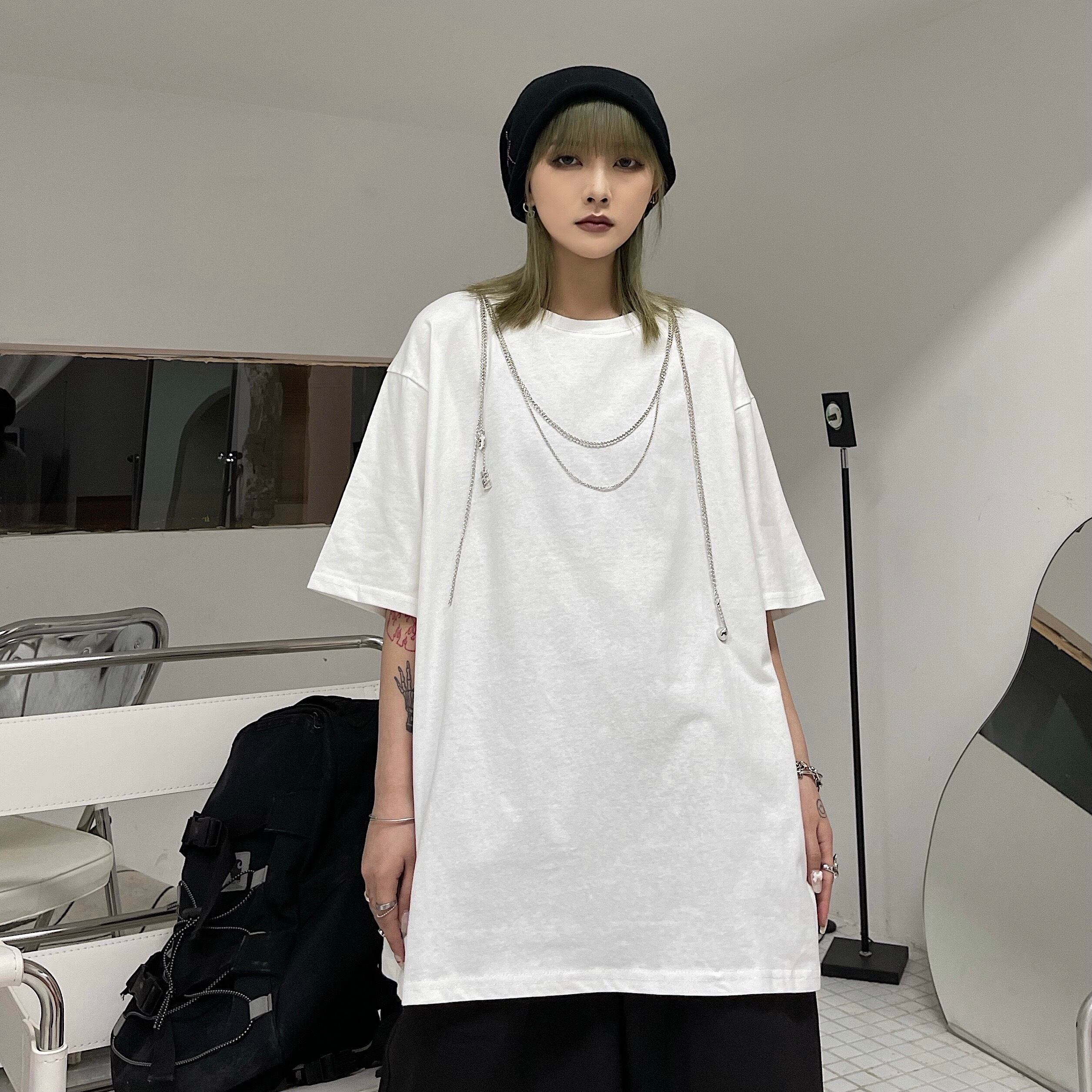 スタイルサマーホワイトTシャツ シャツ メタルチェーン ルーズレディースソリッド カラー 夏物 ソリッドカラー ケッペル11540543637