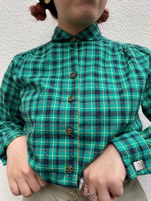 VINTAGE 50's green check round collar blouse