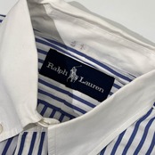 90s Ralph Lauren ラルフローレン ストライプ BD ボタンダウン 長袖 クレリックシャツ 11/ブルー系 レディース ビンテージ