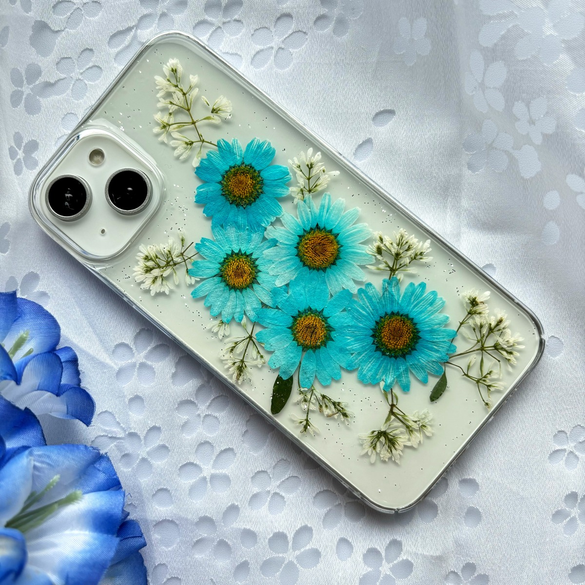 ほぼ全機種対応スマホケース❁】押し花スマホケース NO.514(ブルー 