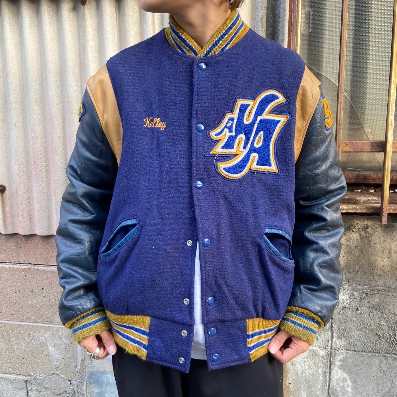 80年代 USA製 TROPHY JACKET 袖レザー ウールスタジャン