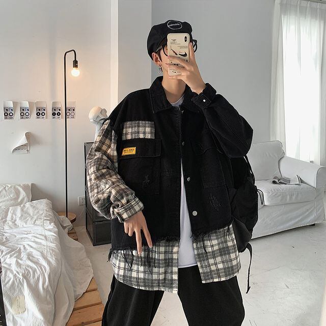 【予約販売】デニムジャケット アウター 切り替え アシンメトリー ショート丈 ブラック メンズ 防寒 お洒落 カジュアル ベーシック 秋冬 大きいサイズ S/M/L/XL/2XL