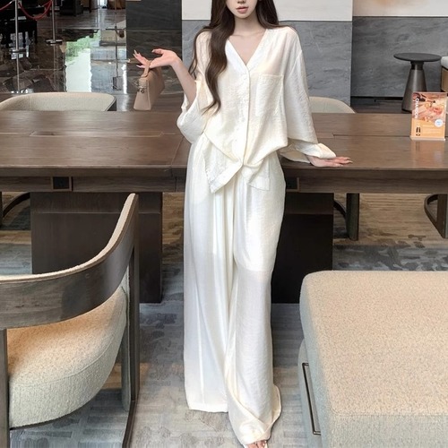 【2点セット】ノーカラーVネックブラウス＋ワイドパンツ ・11238