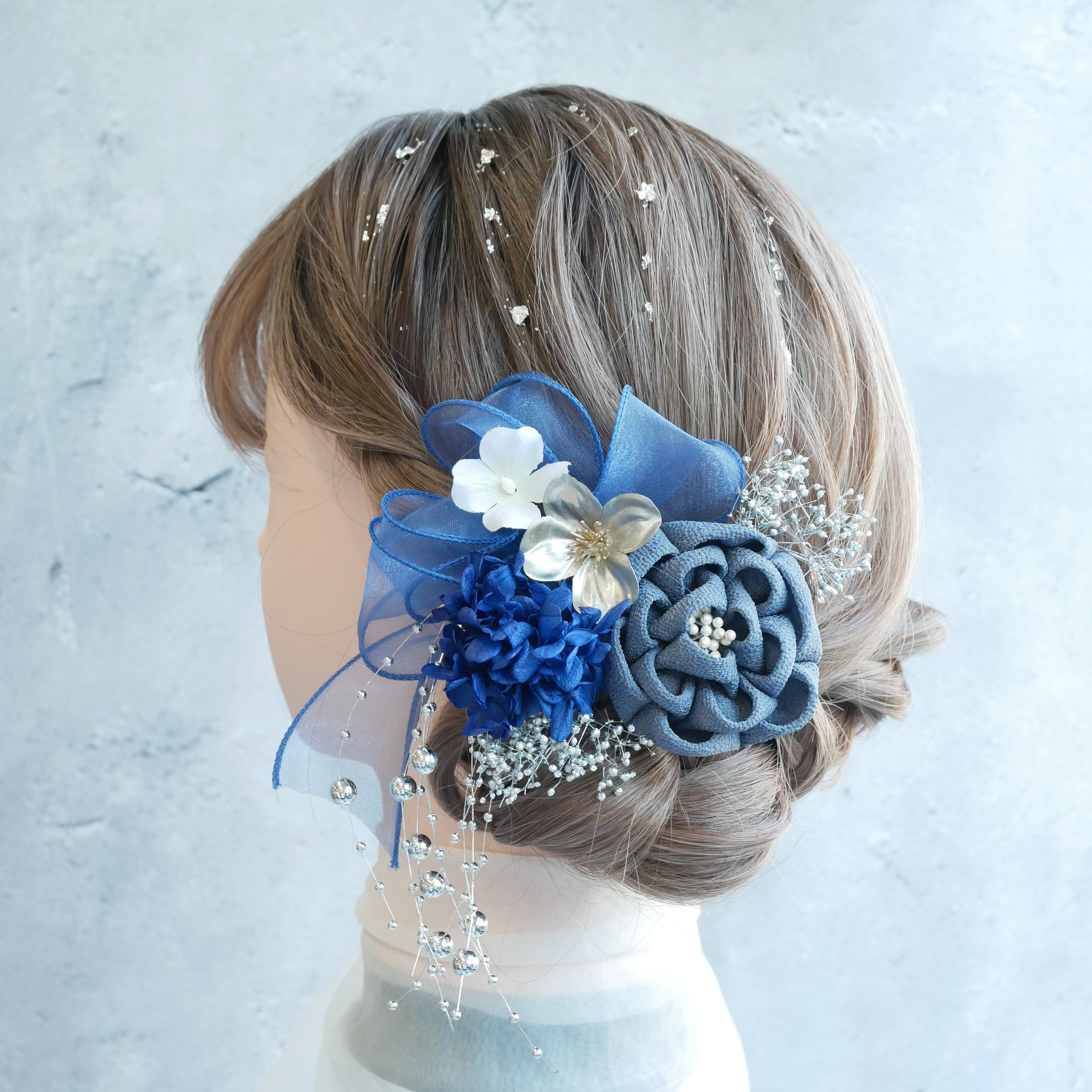A469 つまみ細工 ドライフラワー 髪飾り 青 成人式 前撮り 卒業式 結婚