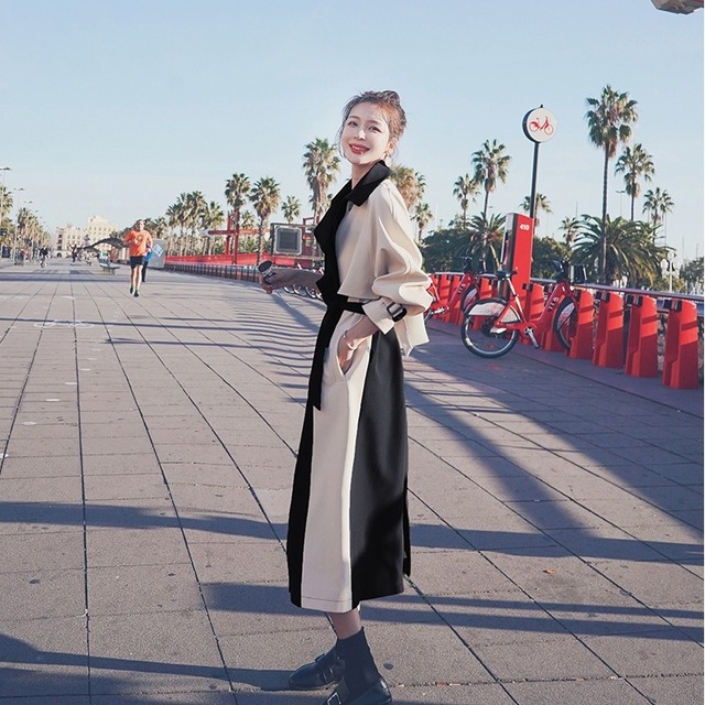 ロングコート アウター トレンチコート 個性的 バイカラー モノトーン 定番 通勤 無地 ロング丈 シンプル きれいめ 上品 ベーシック 春 秋 冬 可愛い おしゃれ オルチャン 大人 代 30代 40代 デート お出かけ 女子会 旅行 レディース 韓国 韓国ファッション