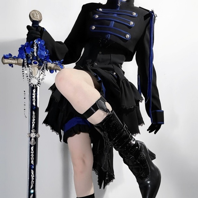 蒼紺を結ぶ黒の近衛隊 立ち襟多段フリル軍服ロリータパンツ4点セット