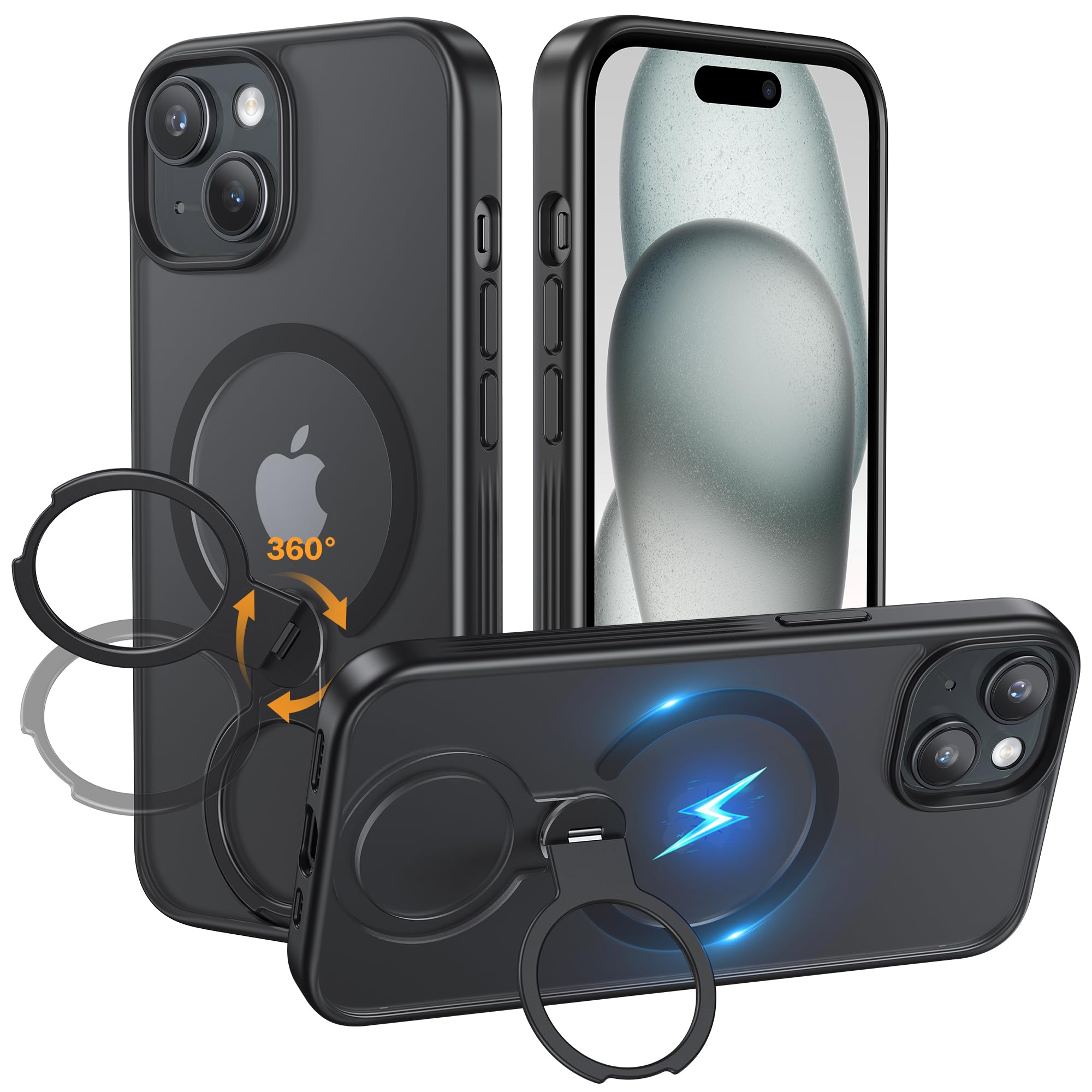 NIMASO iPhone 15用ケース 回転スタンド MagSafe対応 米軍MIL規格 マット感 防指紋 アイフォン15対応 ブラック