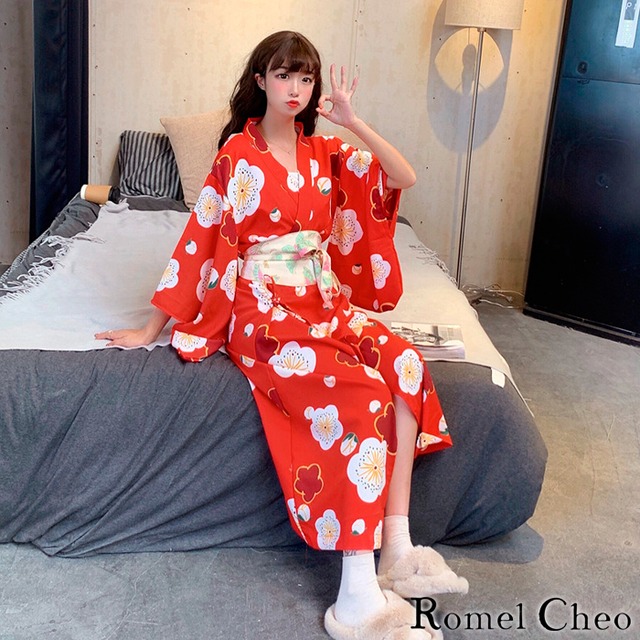 お支払確認後日以内発送 Romelcheo 和花 浴衣 簡易帯 花柄 和柄 梅柄 プリント 赤 朱色 ゆかた レディース ティーンズ 女物 女性用 婦人用 和服 寝間着 部屋着 ルームウェア パジャマ かわいい 帯付き 夏祭り レトロ ロメルチェオ Romelcheo