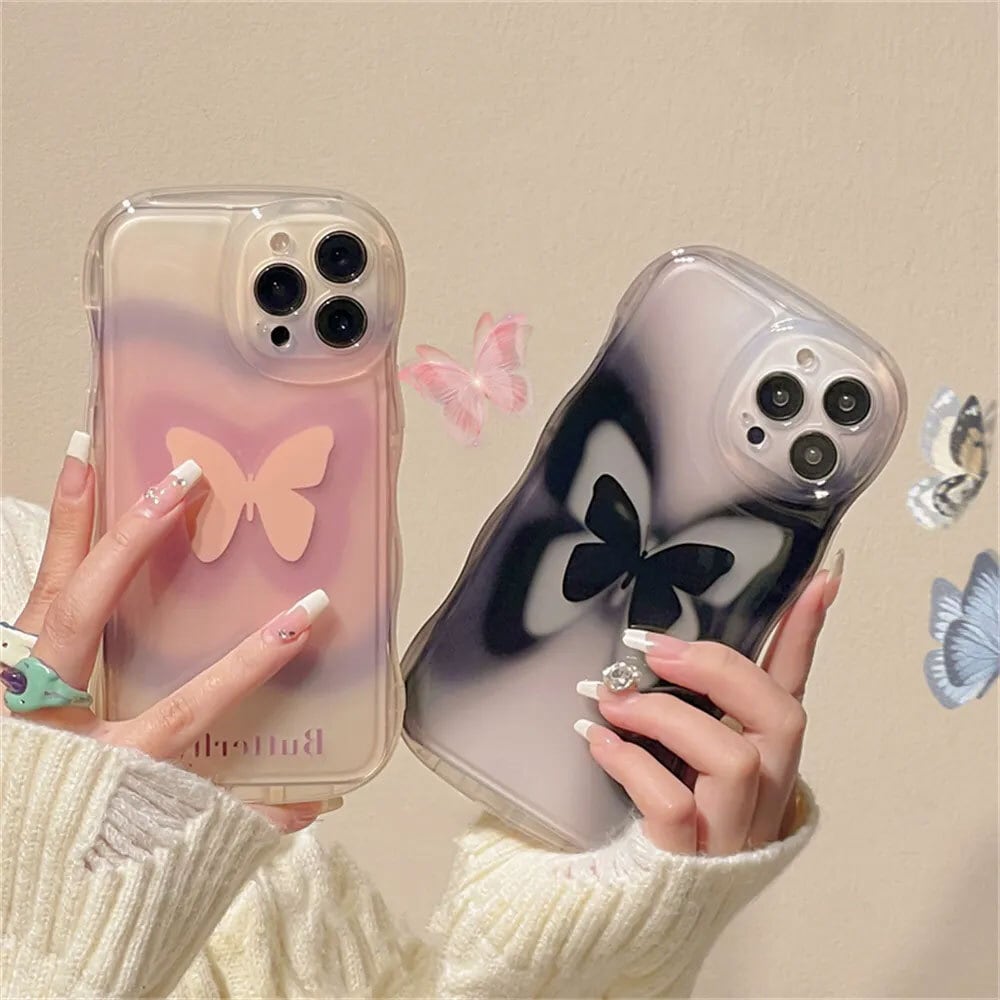 【Iphone15】フレームフラワーとバタフライデザイン【ソフトケース】 iphone15対応】 おしゃれ バタフライ グラデーション ブラシ ウェーブ