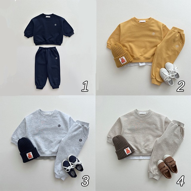 【80-130】秋刺繍ロゴスウェット＋ジョガーパンツ 2点セット キッズ 男女兼用
