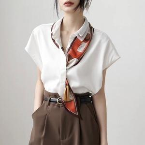 white chiffon short sleeve blouse with scarf （2color）＜t2572＞