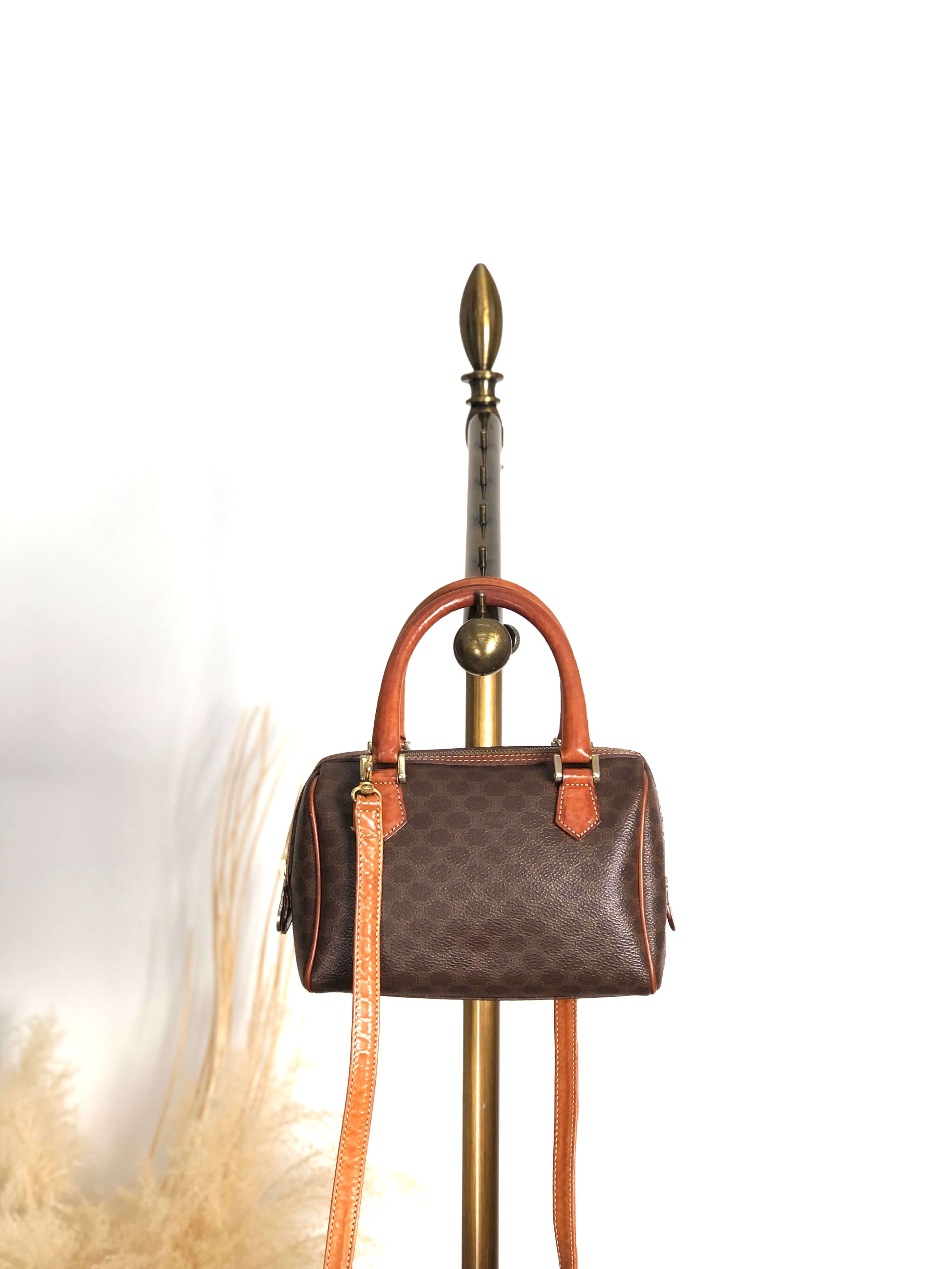 CELINE セリーヌ マカダム ショルダーバッグ ブラウン PVC レザー 2way ミニバッグ ミニボストン vintage ヴィンテージ オールド b6a3tr