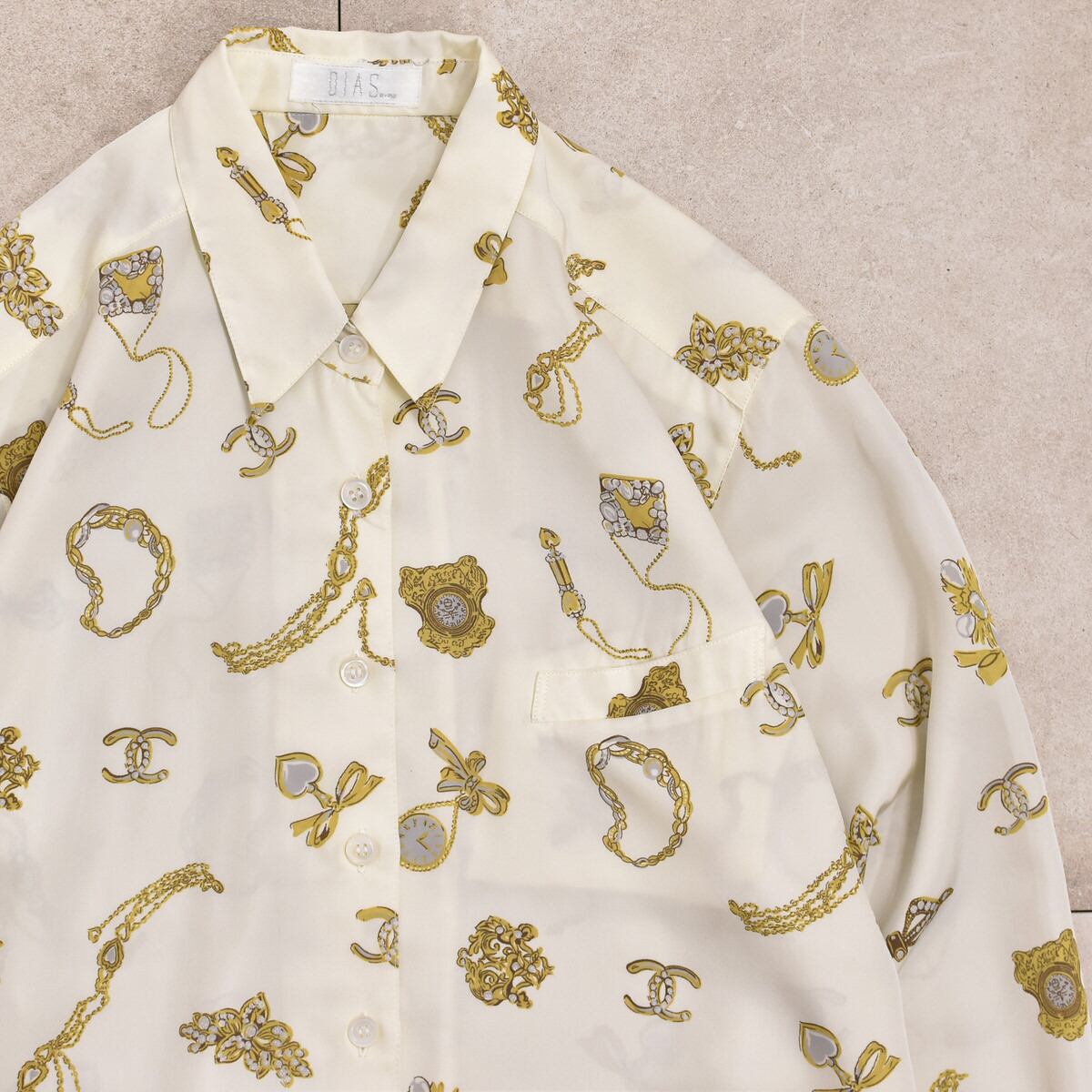 80~90s ジュエリーデザイン 総柄 ポリエステル 長袖 ブラウス / シャツ ジャパン ヴィンテージ ビンテージ レディースL~相当