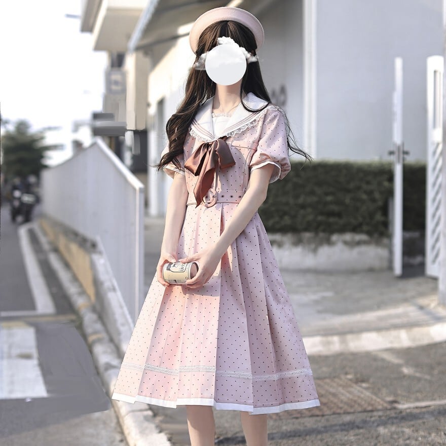 量産型クラロリ｜ピンク水玉のセーラーワンピース ミドル丈 | ロリータ