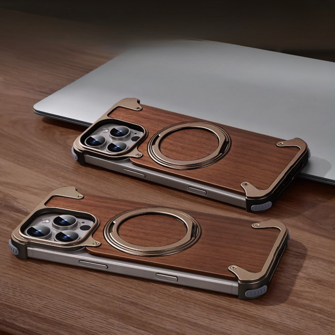◆iPhone 16/15/14/Pro/Pro Max◆ Walnut Wood × Metal Magnetic Phone Case / ウォルナット×メタル マグネット スマホケース