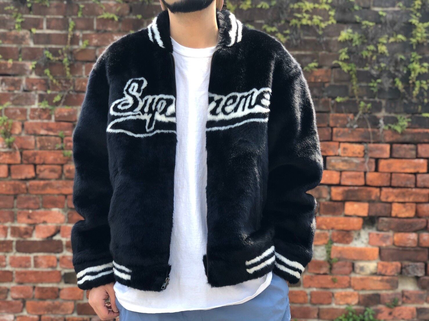 黒L Supreme Faux Fur Varsity Jacket