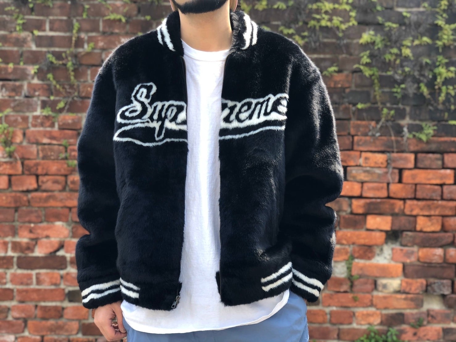 Supreme FAUX FUR VARSITY JACKET BLACK LARGE 400 15111 | BRAND 