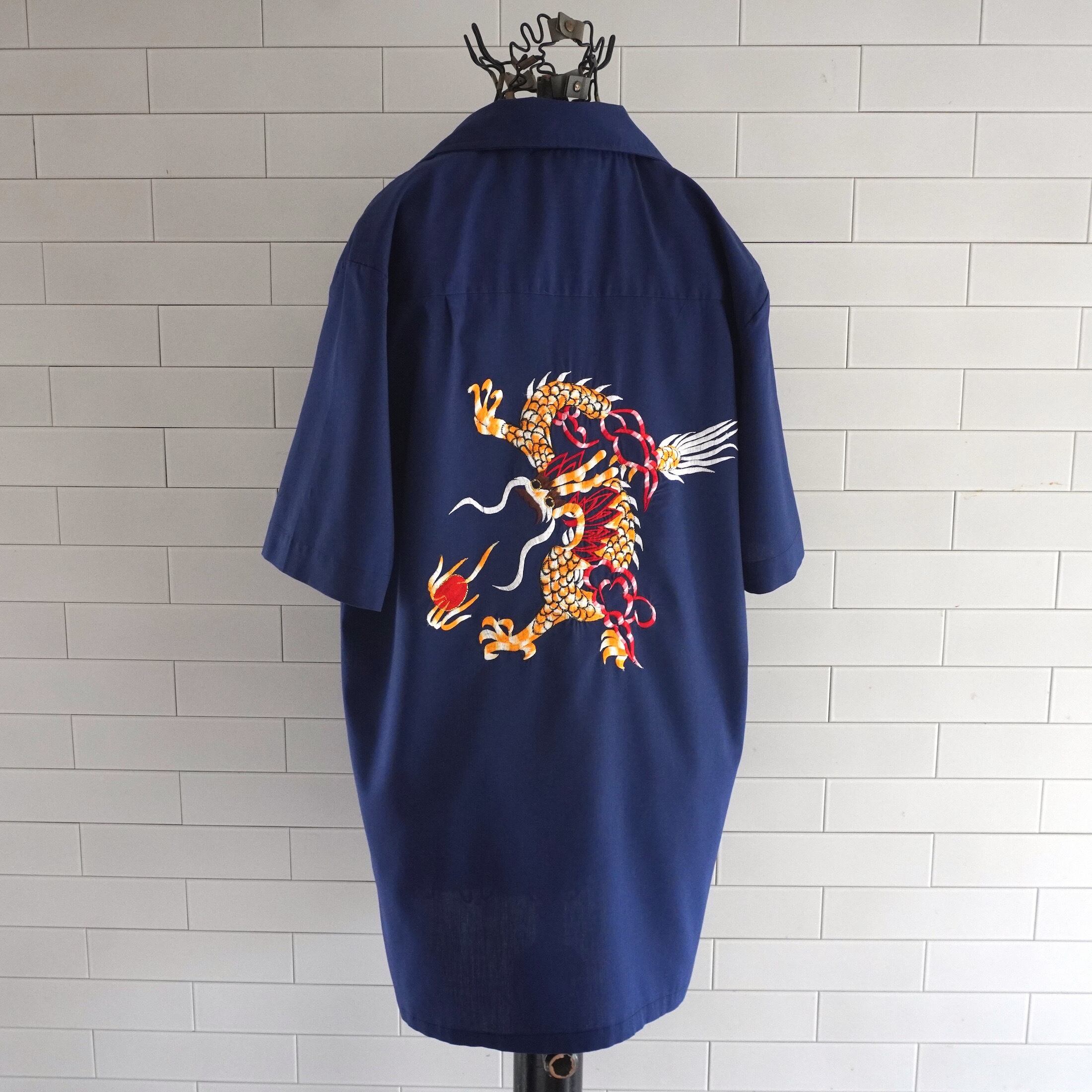 1970's〜80's 龍 刺繍 S/S オープンカラーシャツ ネイビー 実寸(men's