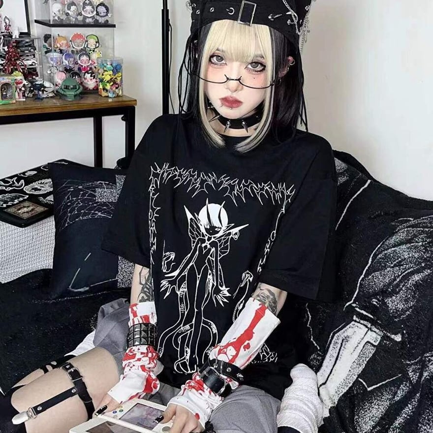 サブカル 服 地雷系 通販 Tシャツ 悪魔 Devil プリント ユニセックス 闇かわいい パンク Z世代