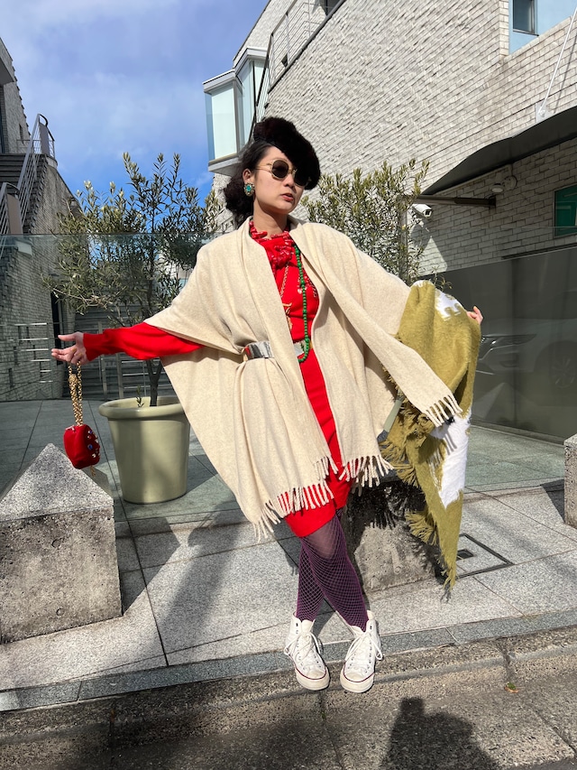 Vintage off white fringe simple wool shawl (  ヴィンテージ  オフホワイト フリンジ ウール ショール )