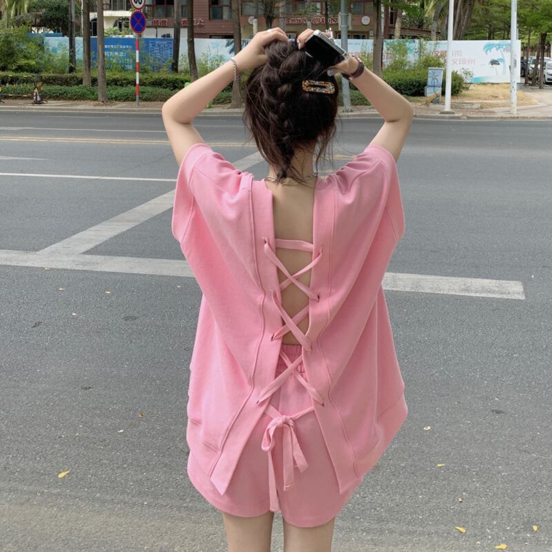 カジュアルサマーVネックトップス ハイウェストウェストショーツ ピンク 夏物 ブルマー スーパーモール98719412978