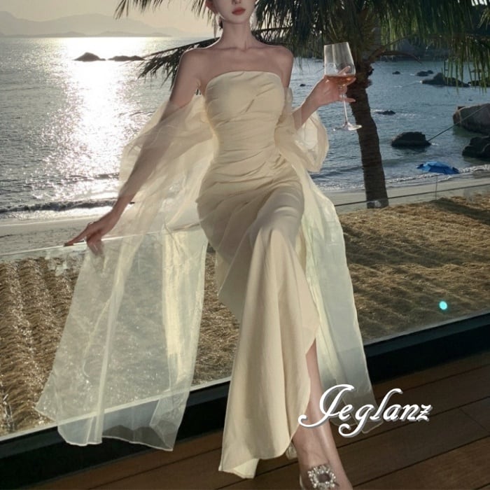 ウエディング ドレス ベアトップ 異素材 チュール ミニマル 大人シック(M6607)ο