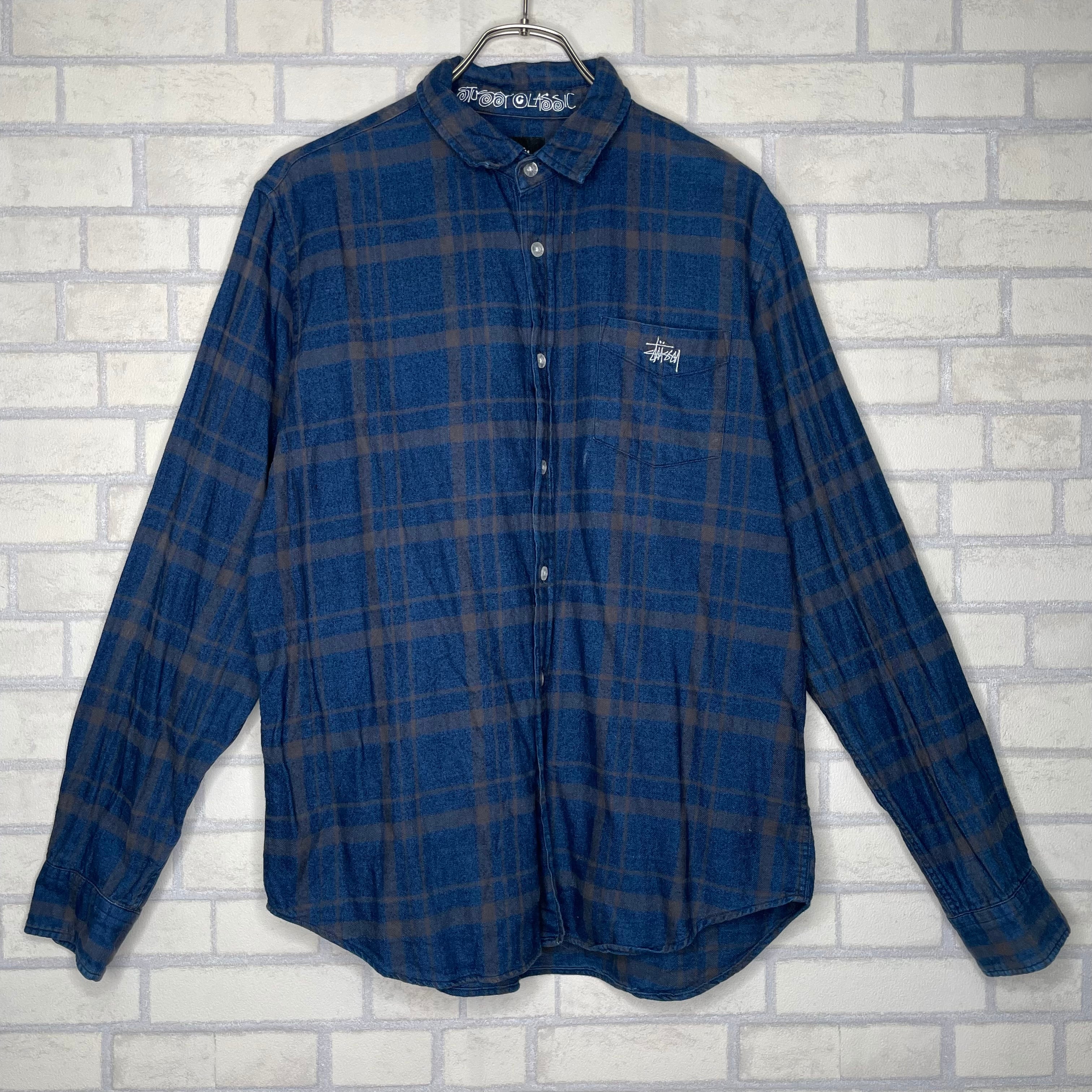 STUSSY 長袖シャツ M チェック柄 ネイビー ワンポイント刺繍 コットン 