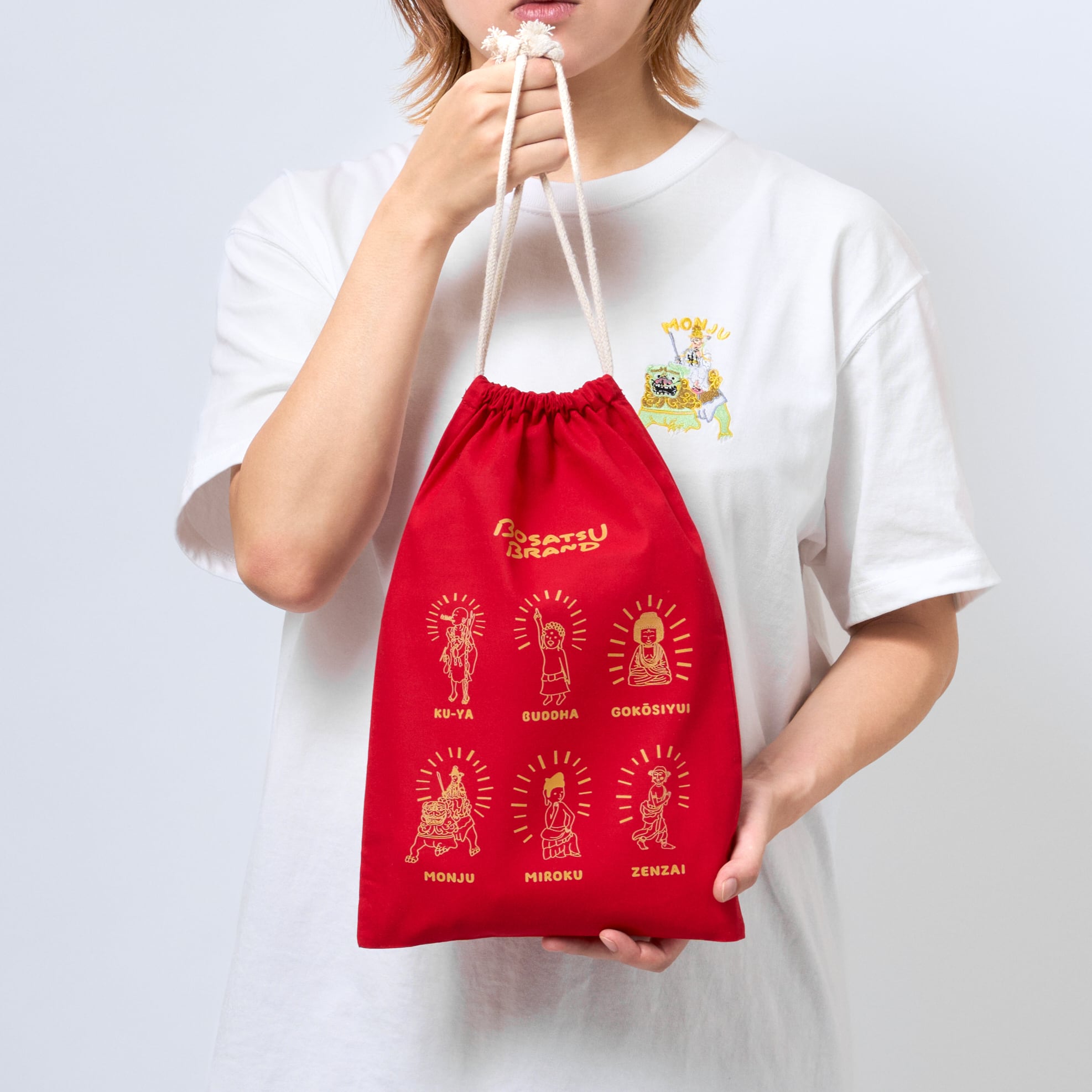 仏像といっしょに(5周年記念) 仏像 巾着袋 A4サイズ / 赤 | BOSATSU