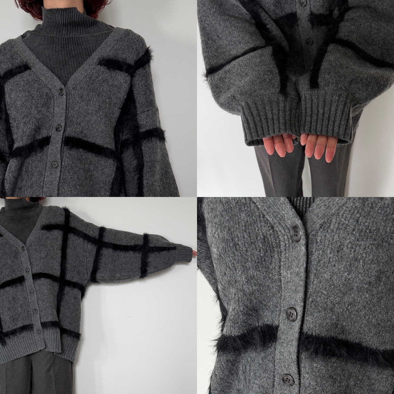 ラージチェックニットCD/チャコール