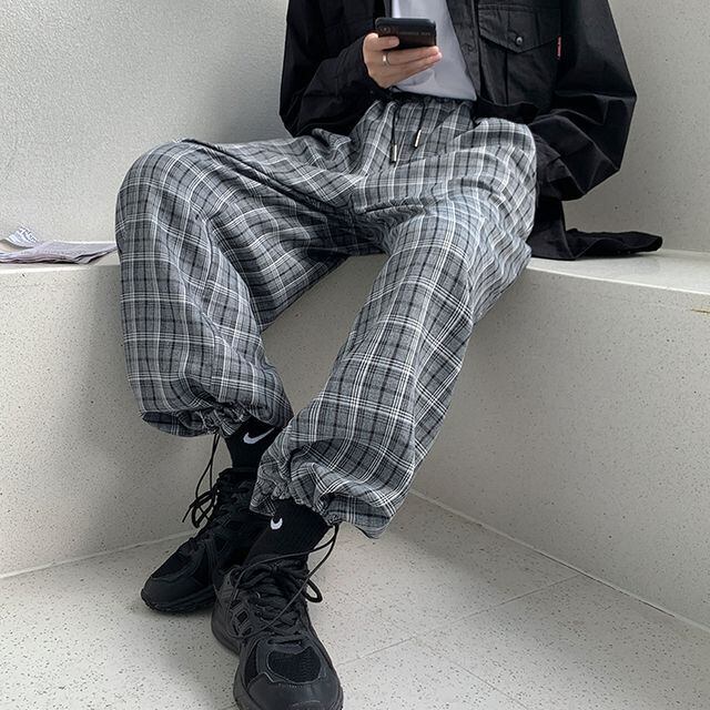 【予約販売】ルーズパンツ メンズ パンツ チェック柄 ワイド ウエストゴム カジュアル こなれ感 お洒落 韓国 トレンド 春 M/L/XL/2XL
