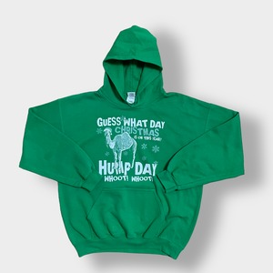 【GILDAN】HUMP DAY ロゴ プリント パーカー ラクダ アニマルプリント クリスマス 水曜日 プルオーバー フーディー スウェット L グリーン US古着