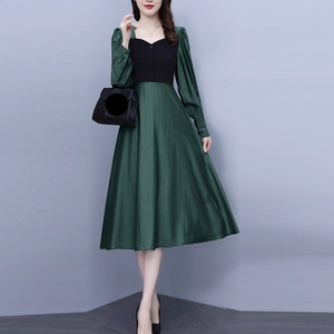 【送料無料】 ロングドレス 2色 衣装 ひざ丈 ミモレ Aライン フレア プルオーバー 長袖 ラウンドネック 異素材切り替え ドッキング 無地 秋 30代 40代 レディース 女性用 ママ お呼ばれ 結婚式 二次会 パーティ 演奏会 普段使い ファッション コーデ スタイル 楽ちん 体型カバー 美脚 脚長 定番 垢抜け 存在感 ブラック 秋カラー