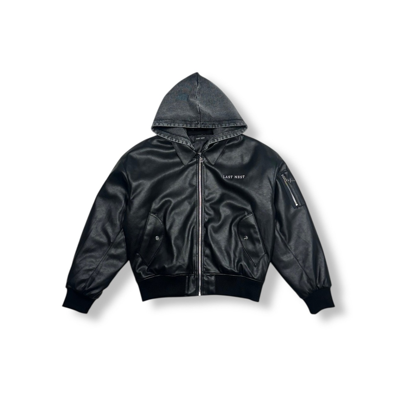 LAST NEST / hooded faux leather flight jacket