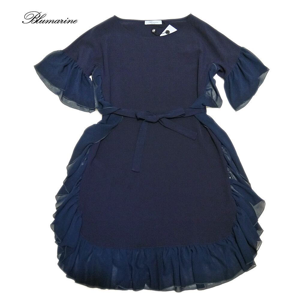 新品Blumarineフリル半袖ワンピース ネイビー #38-