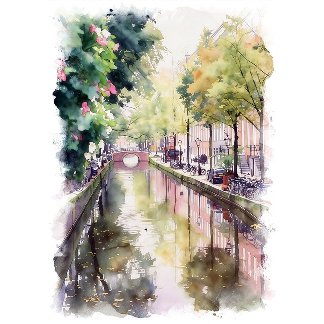 絵画 オランダの風景画 アムステルダムの運河と緑の木々インテリアアート額付き 水彩画・油絵風 WAT0010