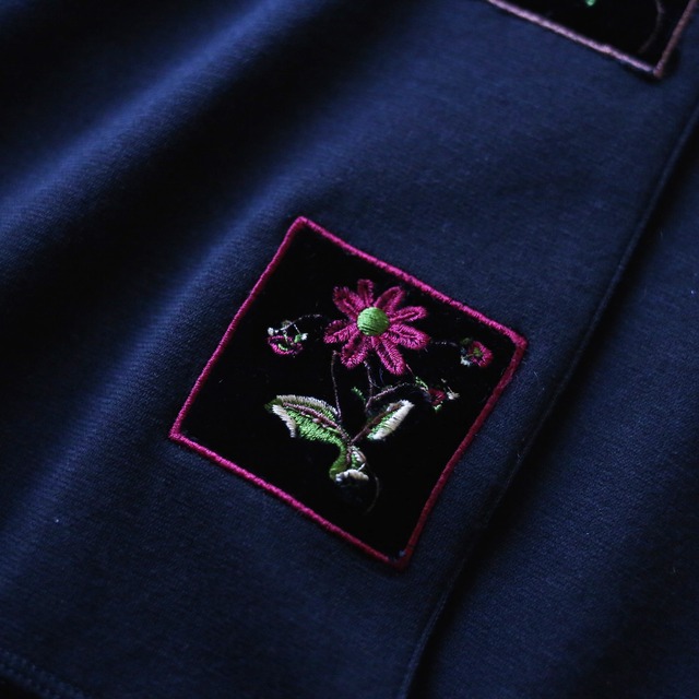 "花×刺繍" 3pattern block design velours switching open collar shirt jacket