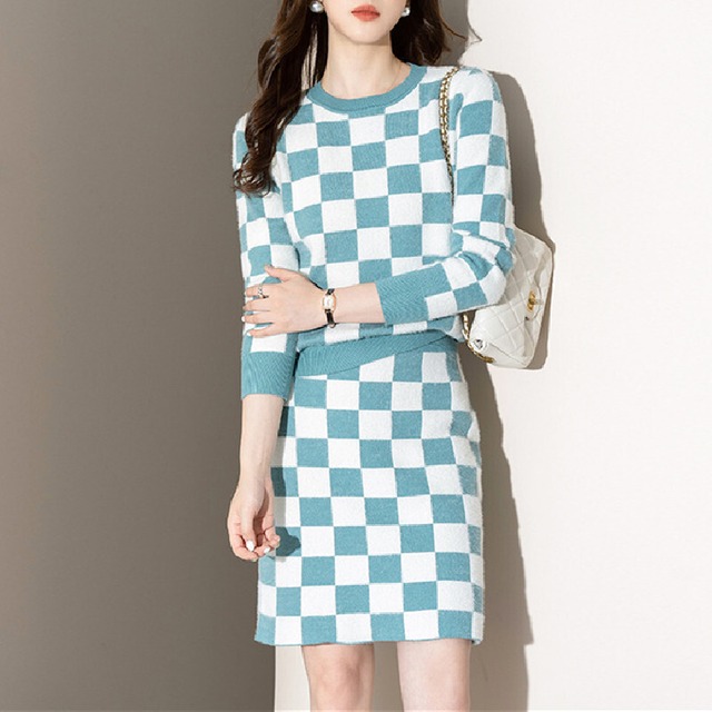 セットアップ トップス+スカート ニット ラウンドネック チェック柄 S M L XL