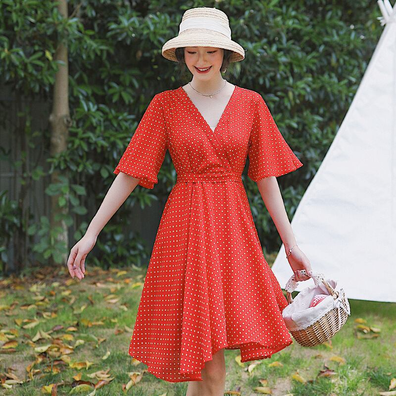 【新作】【送料無料】 マタニティウェア2020夏の新しいシフォンVネック水玉ドレス小さな新鮮なミドル丈ドレス妊婦-アリババ サマー 夏物 expec242458745342