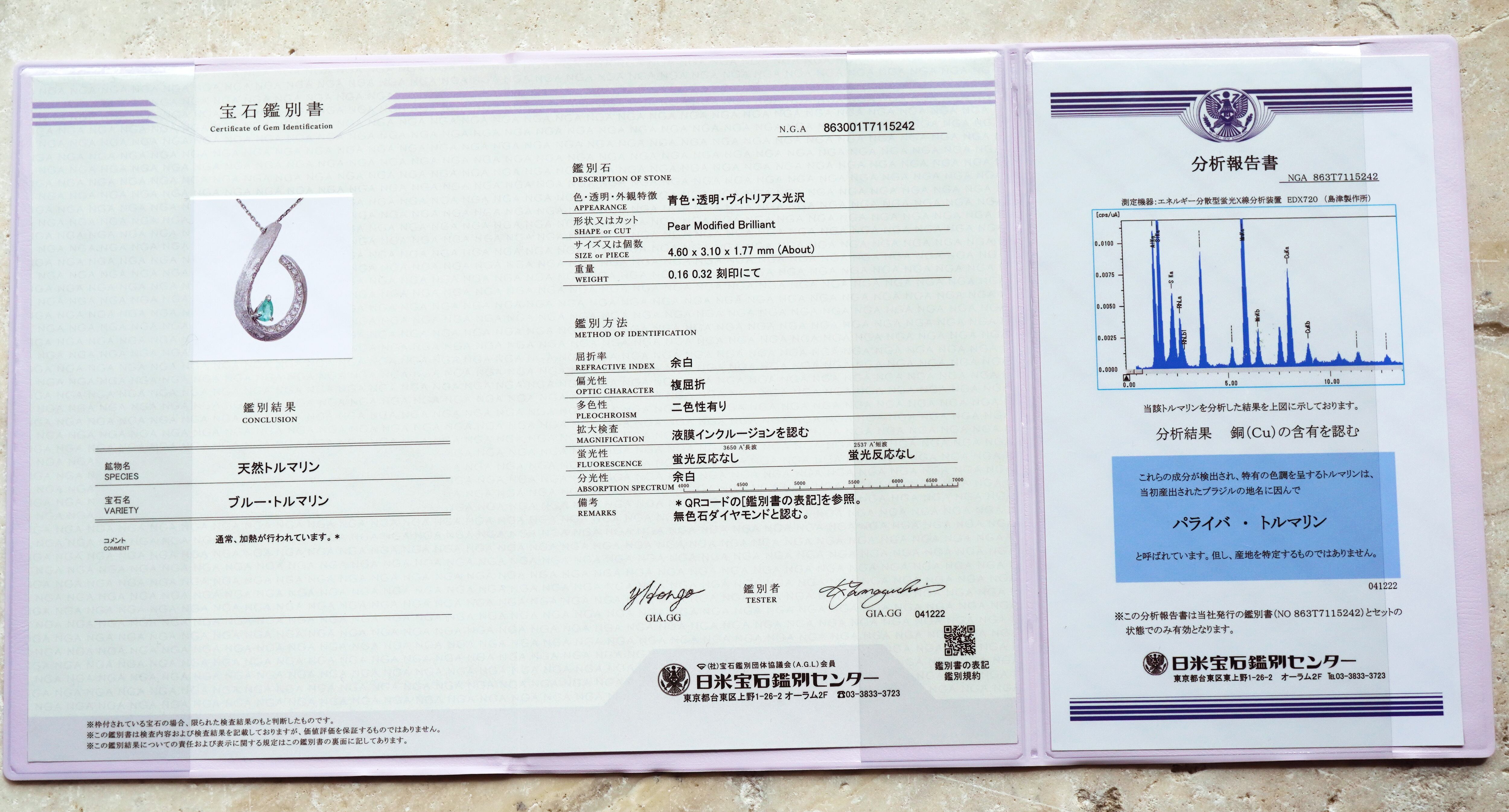 Pt】 パライバトルマリン1.965ct ダイヤモンド ネックレス 鑑別書付き 