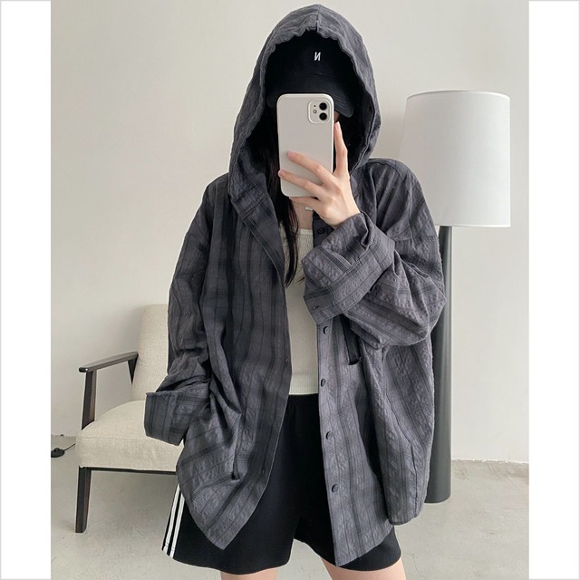 ゆったり グレンチェックフード付きシャツ Ln00321