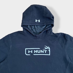 【UNDER ARMOUR】2XL ビッグシルエット パーカー HUNT ロゴ プリント スウェット フーディー hoodie プルオーバー アンダーアーマー フードロゴ us古着