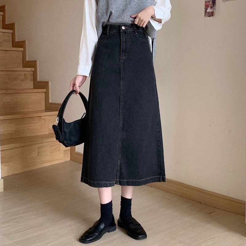 スカート スプリングオータムロングスタンダードハイウェスト薄手Aライン レトロ 春物 秋物 萌量不足65705824136