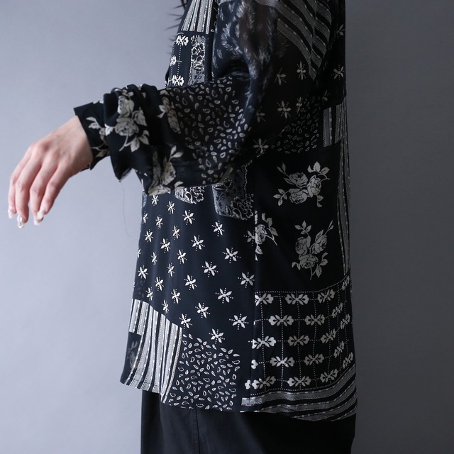 flower and multi art pattern over silhouette see-through shirt