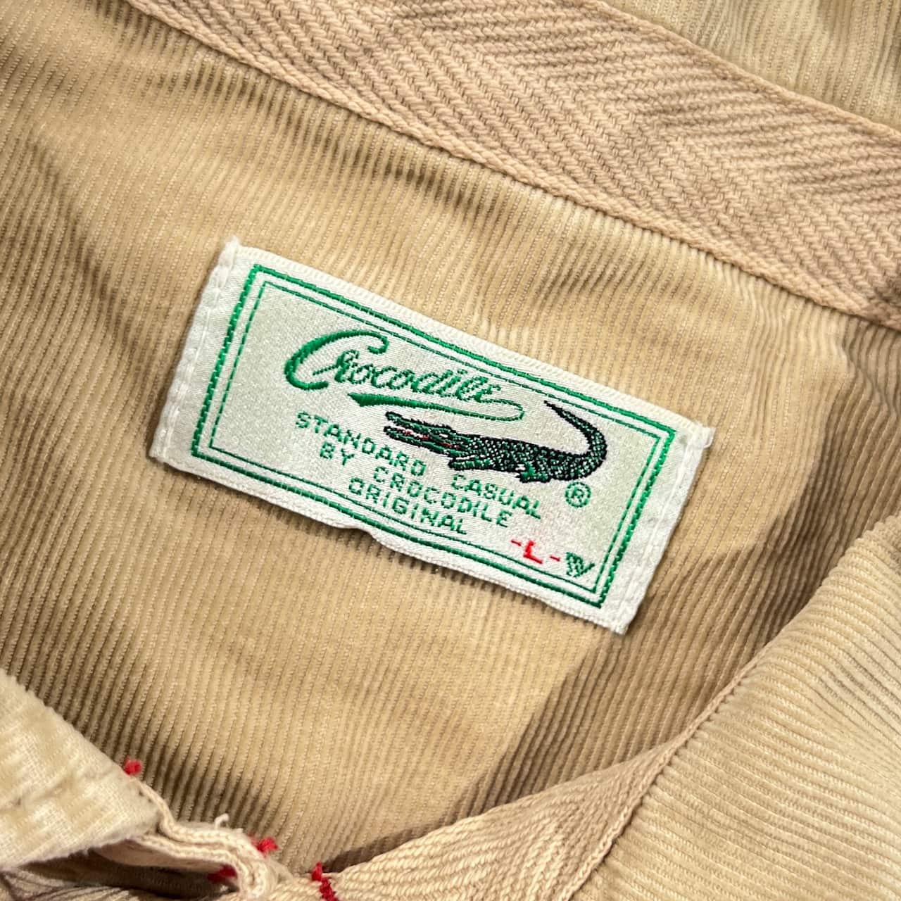 Crocodile クロコダイル ボーダー 天竺 長袖 ポロシャツ ラガーシャツ L/レッド系 メンズ 襟コーデュロイ切替