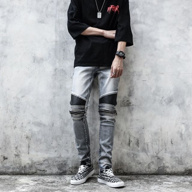 【予約販売】デニム バイカーラーデニム Gパン メンズ ルー ウォッシュ カジュアル こなれ感 お洒落 韓国 トレンド 春 S/M/L/XL/2XL