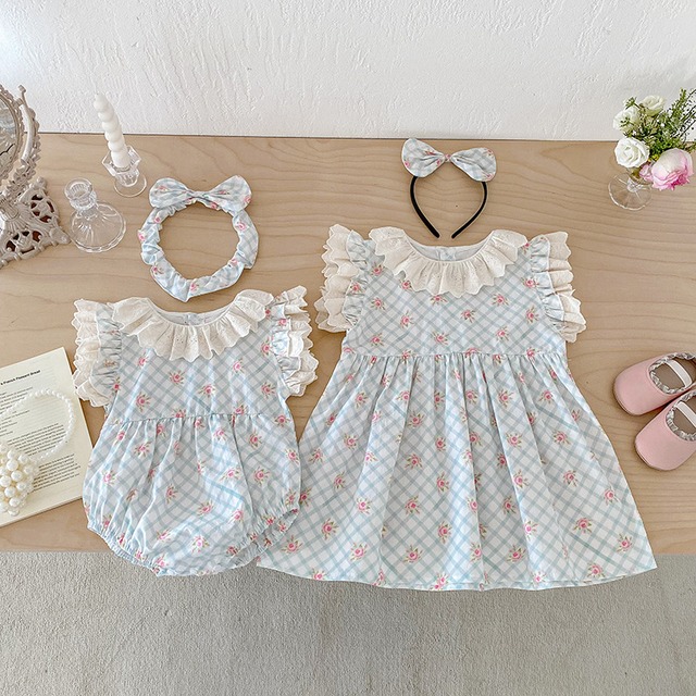 【姉妹服】小花柄チェックロンパース/ワンピース - 5